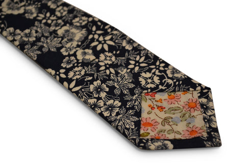navy with white floral design cotton tie